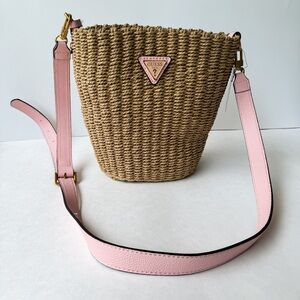 Guess Straw Bucket Bag Pink Strap NWT | Summer Woven Crossbody Purse